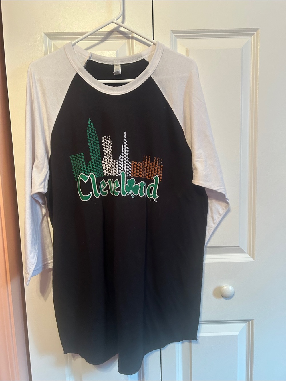 American Apparel Black & White Cleveland Raglan Tee with Green and Orange Print